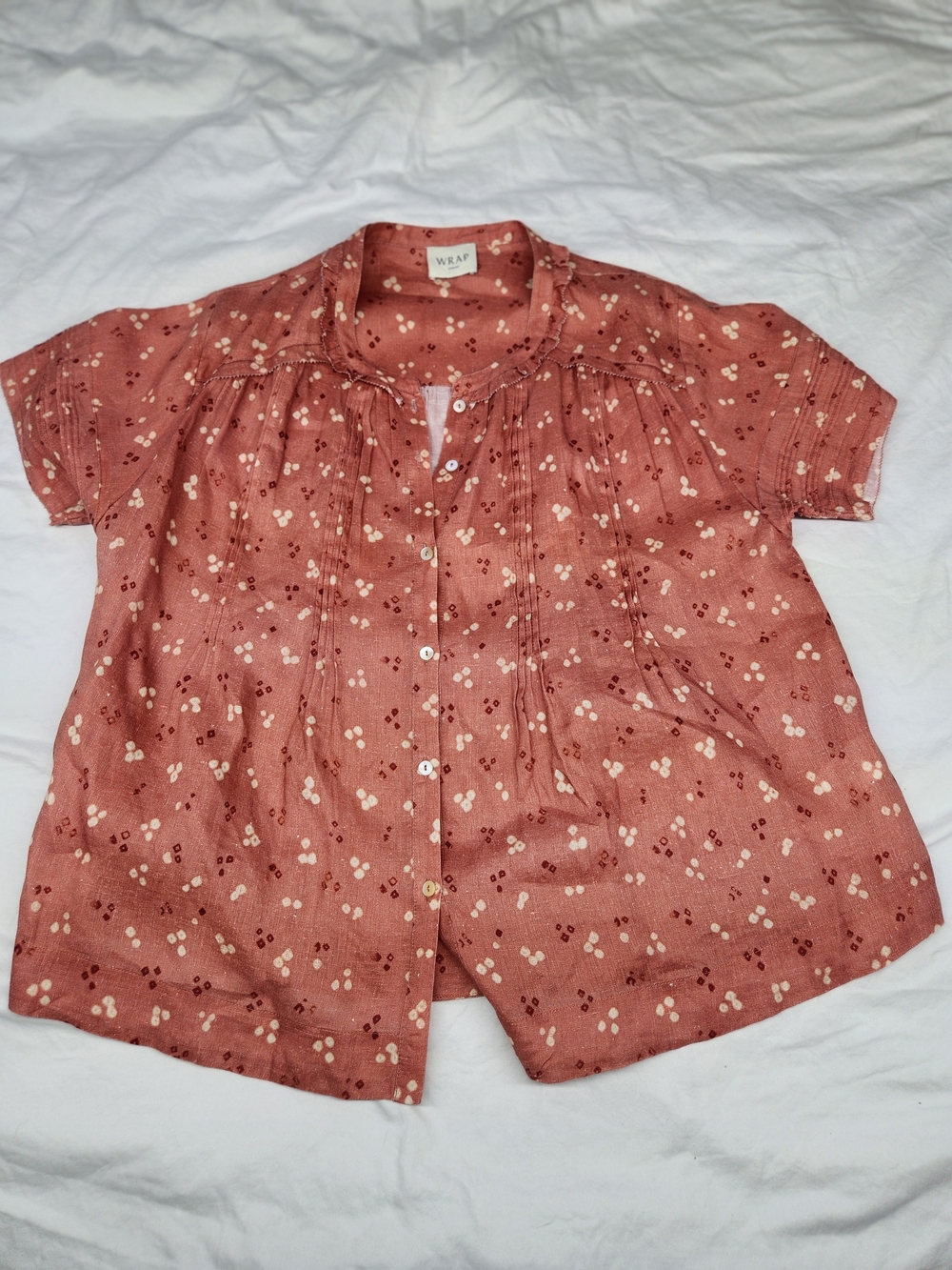 Wrap London Rust Floral Short-Sleeve 100% Linen Button Blouse